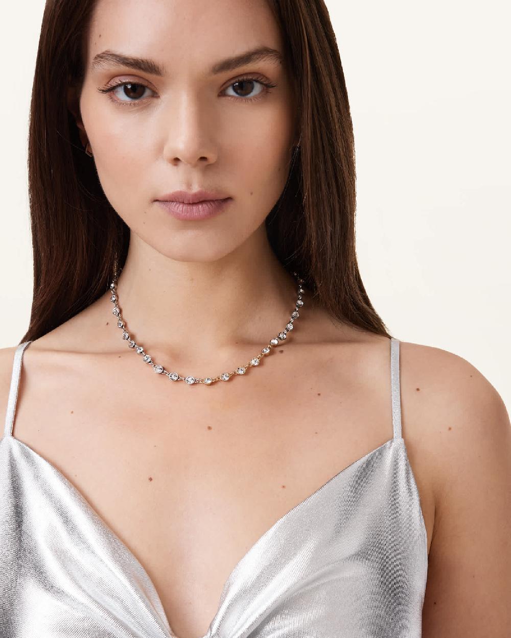 All Saints Pippa Crystal Necklace Warm Silver Mix