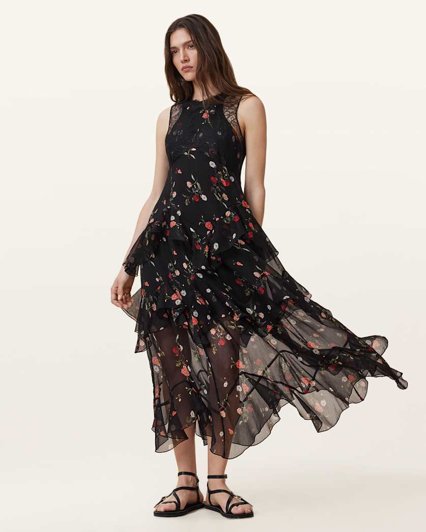 all saints Quinn Floral Print Dress Briar Black