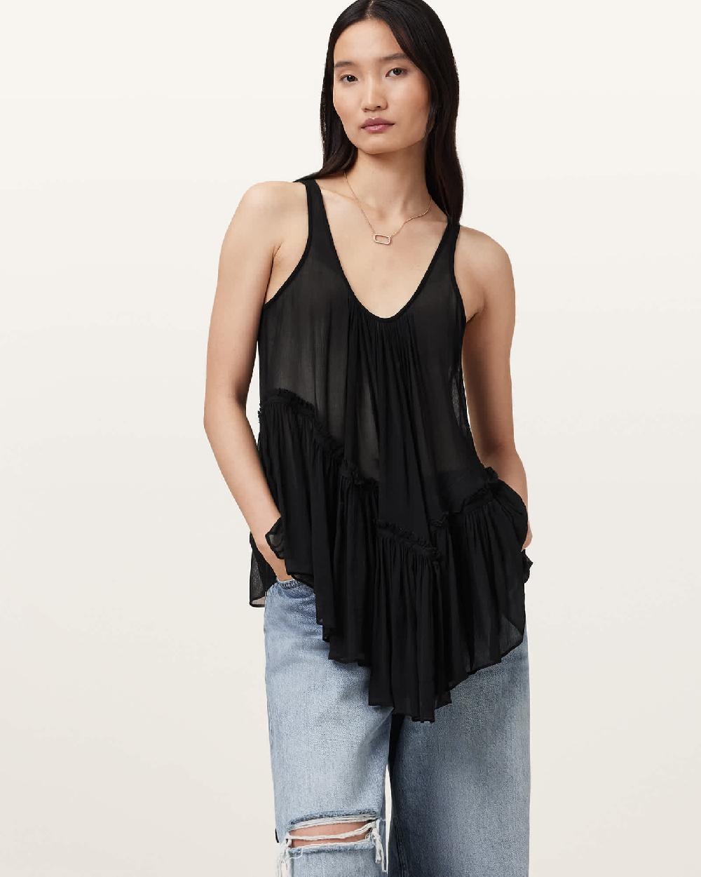 All Saints Rach Tiered Sheer Top Black
