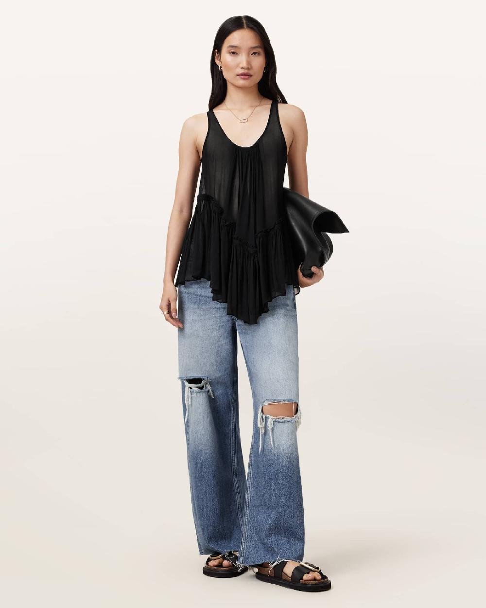All Saints Rach Tiered Sheer Top Black