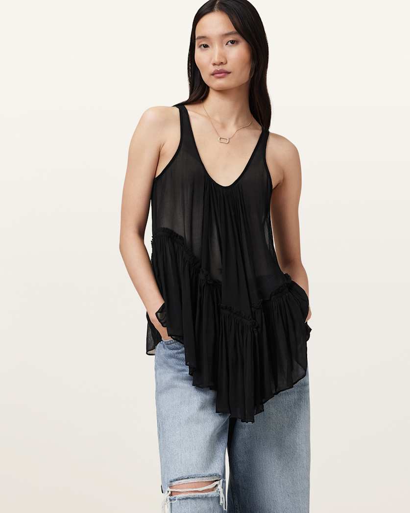all saints Rach Tiered Sheer Top Black