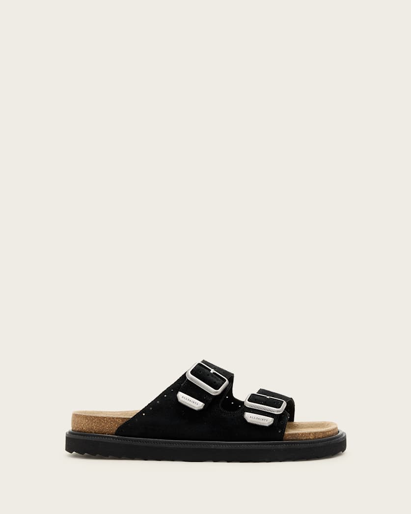 all saints Randal Buckled Suede Sandals Black
