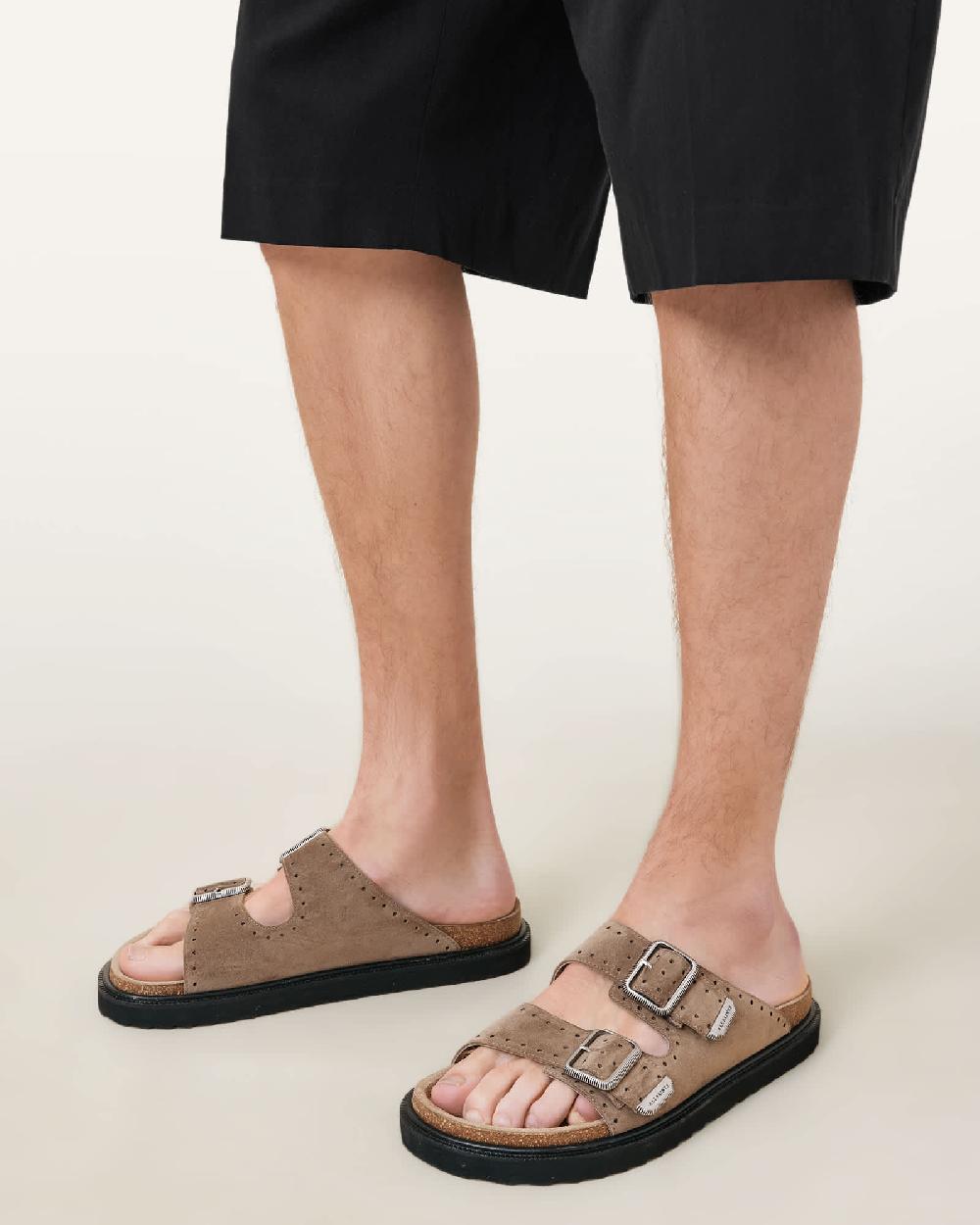 All Saints Randal Buckled Suede Sandals Stone Grey