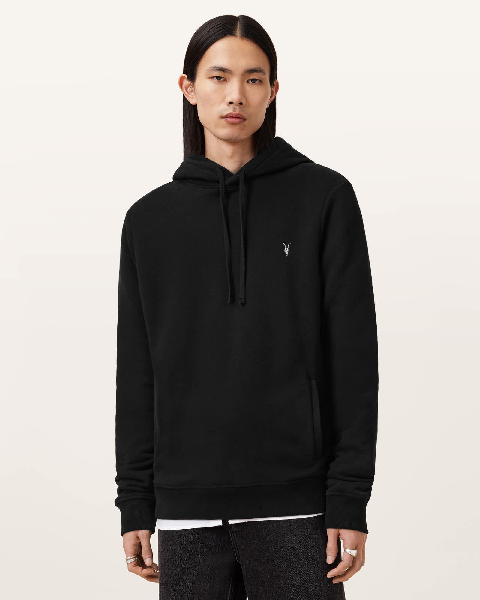 All Saints Raven Pullover Ramskull Hoodie Black