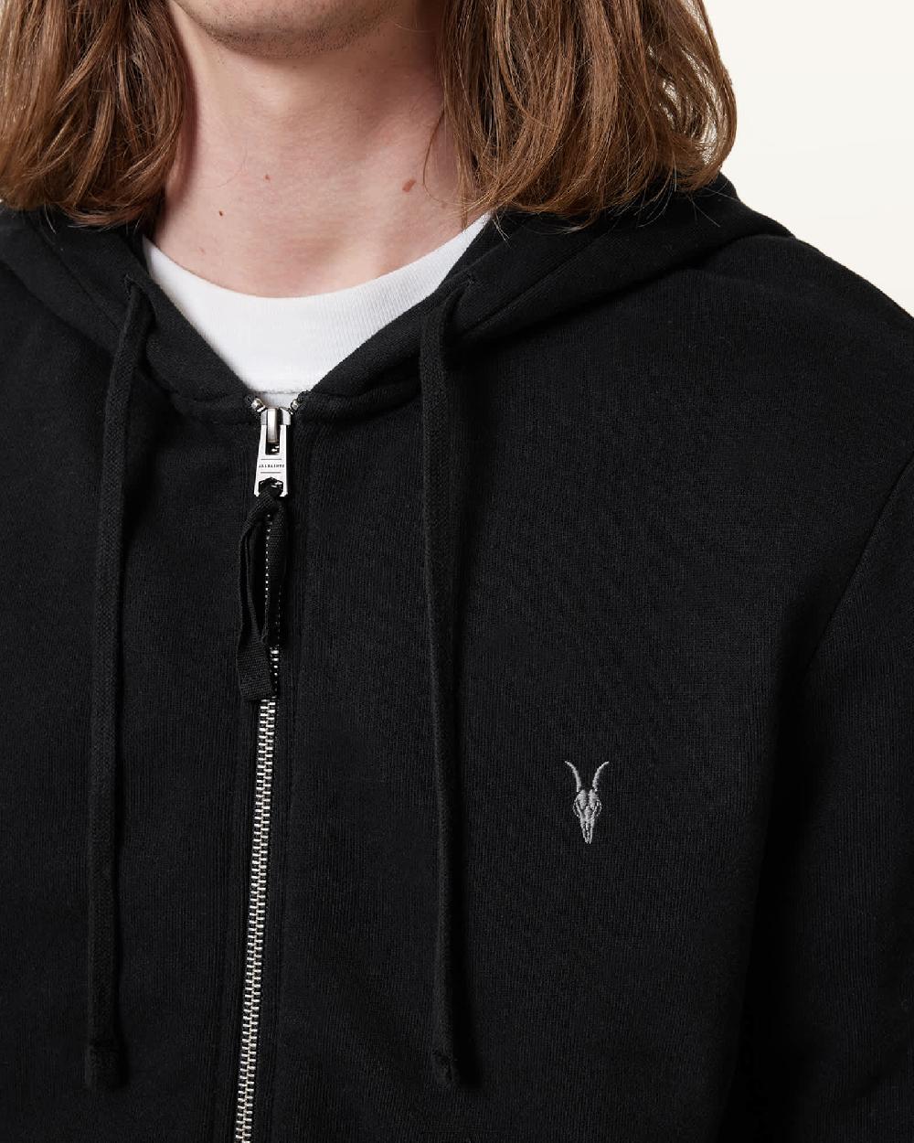 All Saints Raven Zip Up Ramskull Hoodie Black