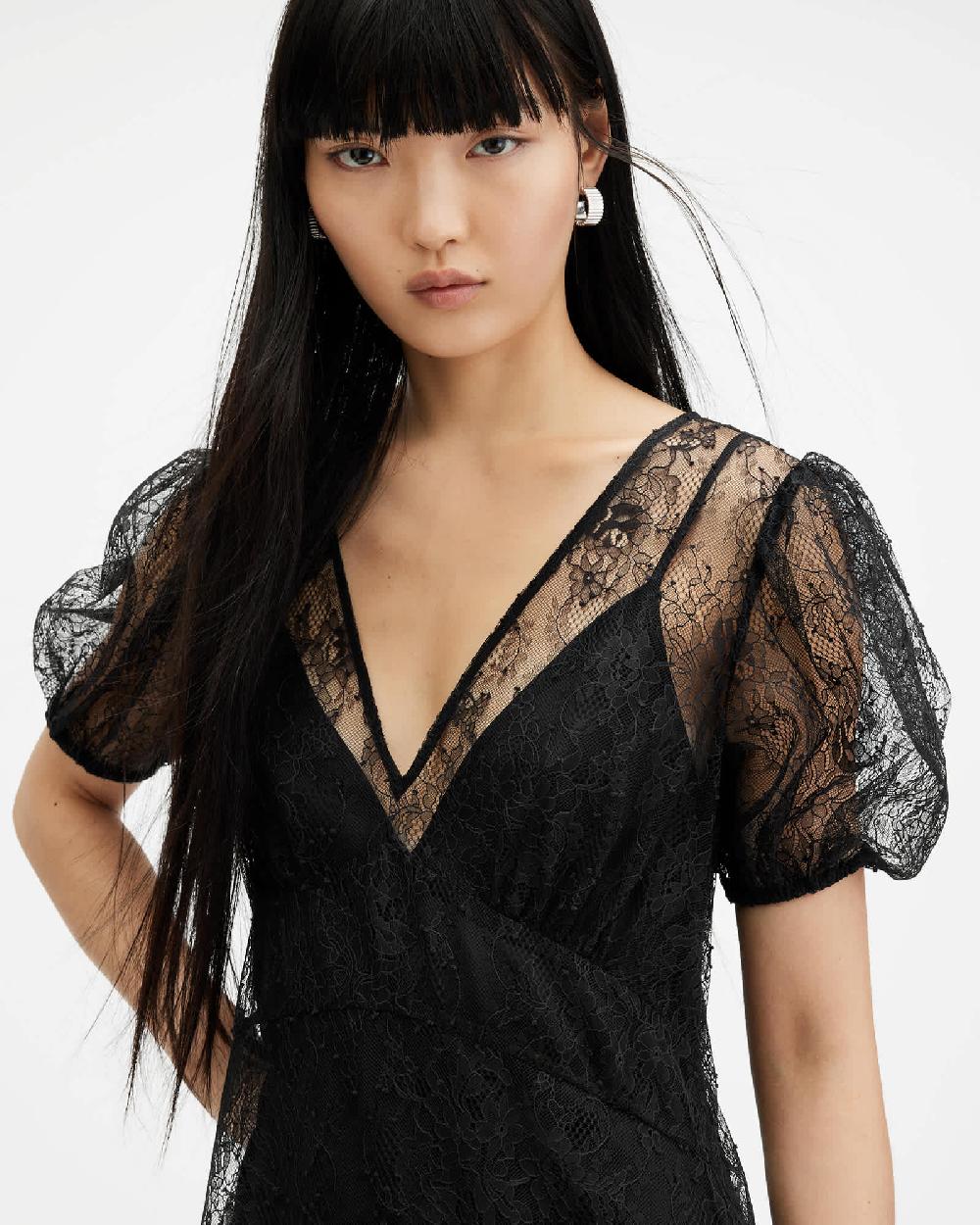 All Saints Rayna V-Neck Lace Maxi Dress Black