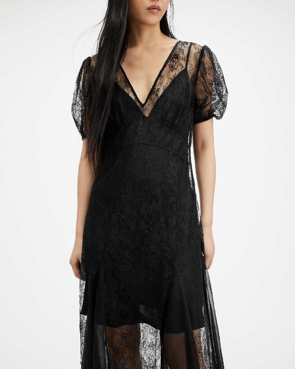 All Saints Rayna V-Neck Lace Maxi Dress Black