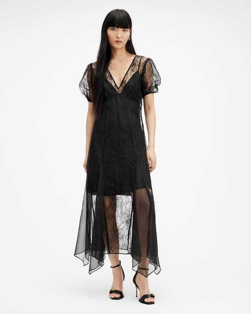 all saints Rayna V-Neck Lace Maxi Dress Black