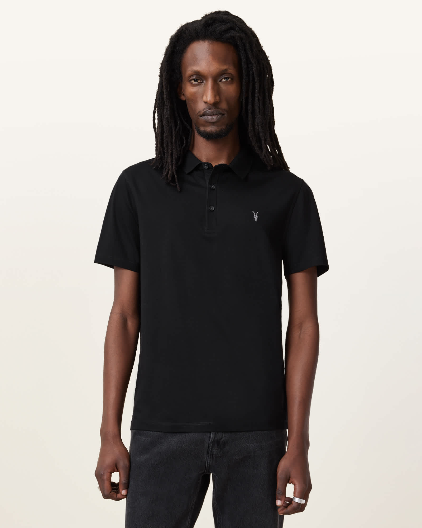 All Saints Reid Short Sleeve Polo Shirt Jet Black