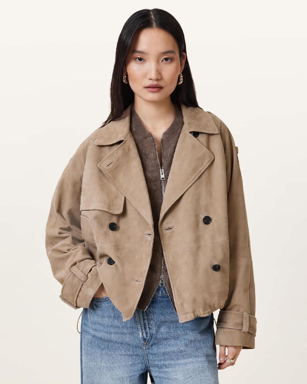 All Saints Reya Cropped Suede Mac Greige Brown