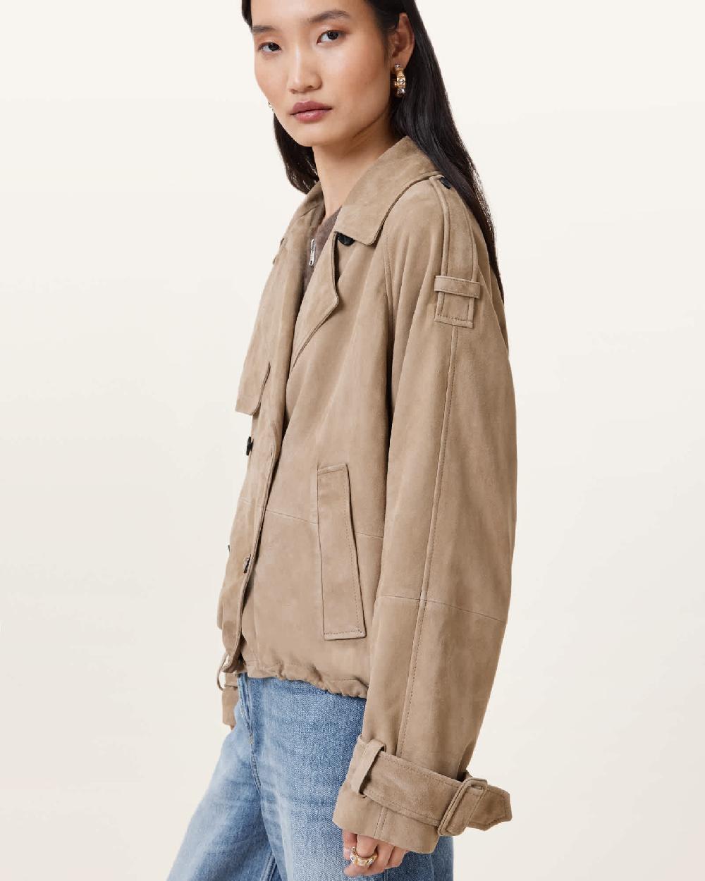 All Saints Reya Cropped Suede Mac Greige Brown