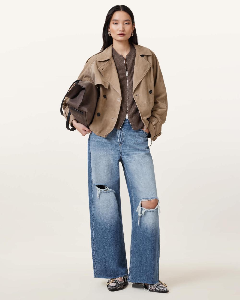 All Saints Reya Cropped Suede Mac Greige Brown