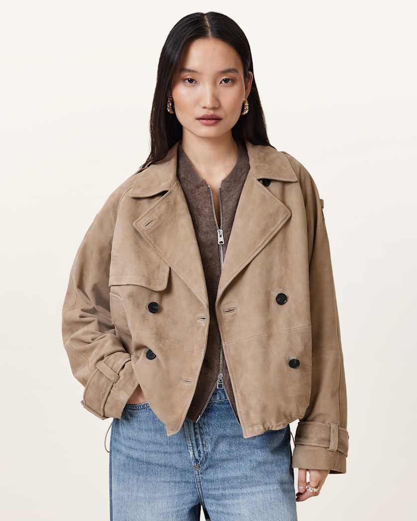 all saints Reya Cropped Suede Mac Greige Brown