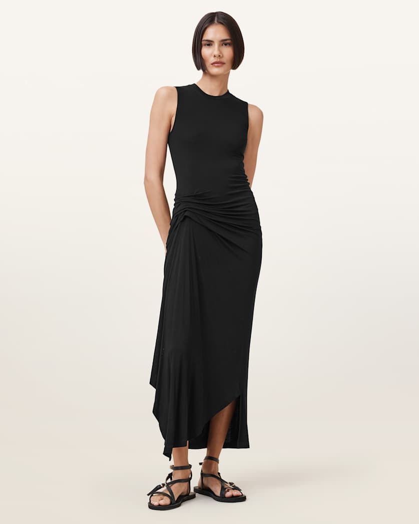 all saints Rivi Draped Midi Dress Black