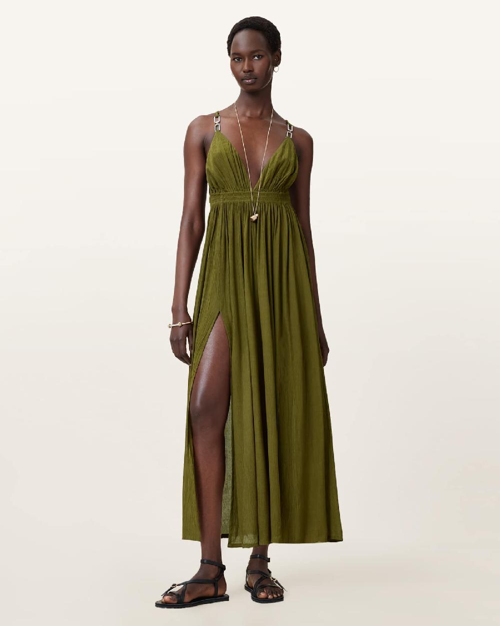 All Saints Rosa Hex Maxi Dress FIR GREEN