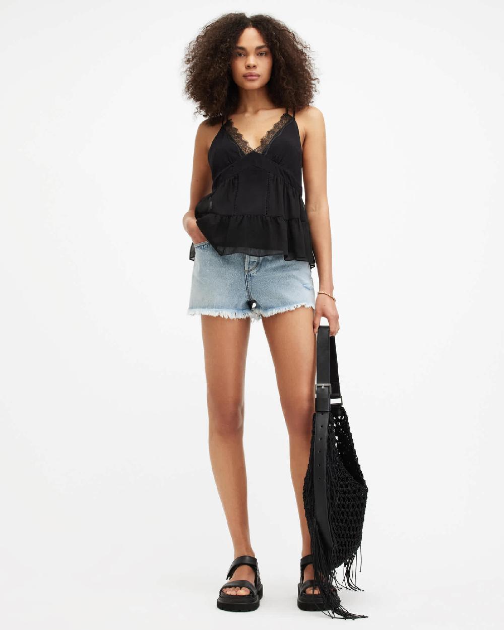 All Saints Rowen Lace Trim Cami Top Black