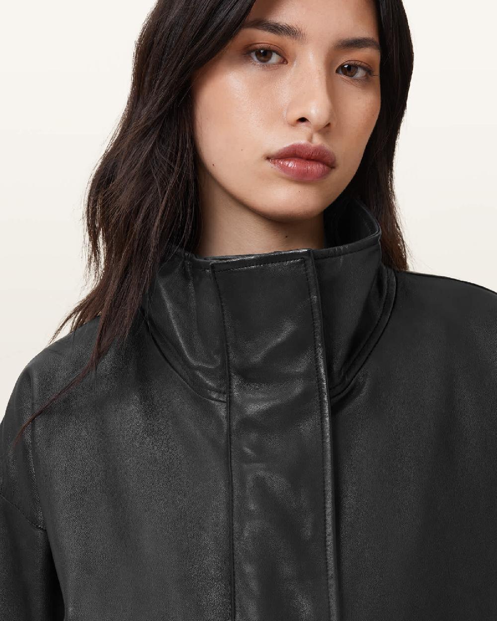 All Saints Ryder Funnel Neck Leather Jacket Black