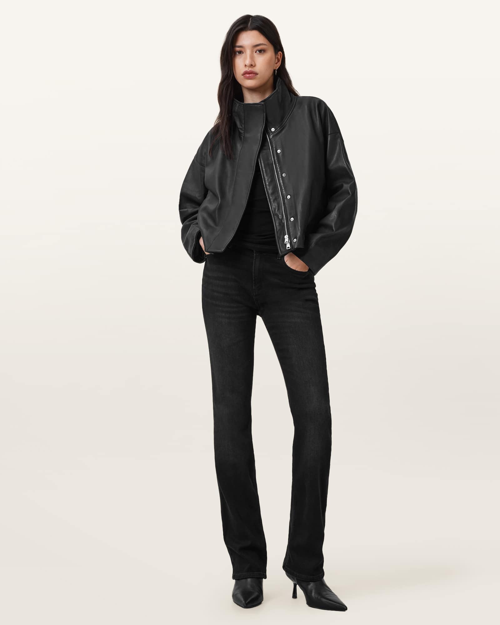 All Saints Ryder Funnel Neck Leather Jacket Black