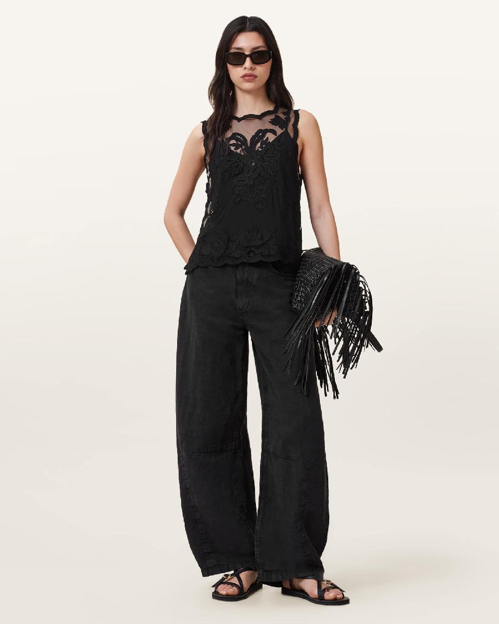 All Saints Rye Embroidered Sleeveless Top Black