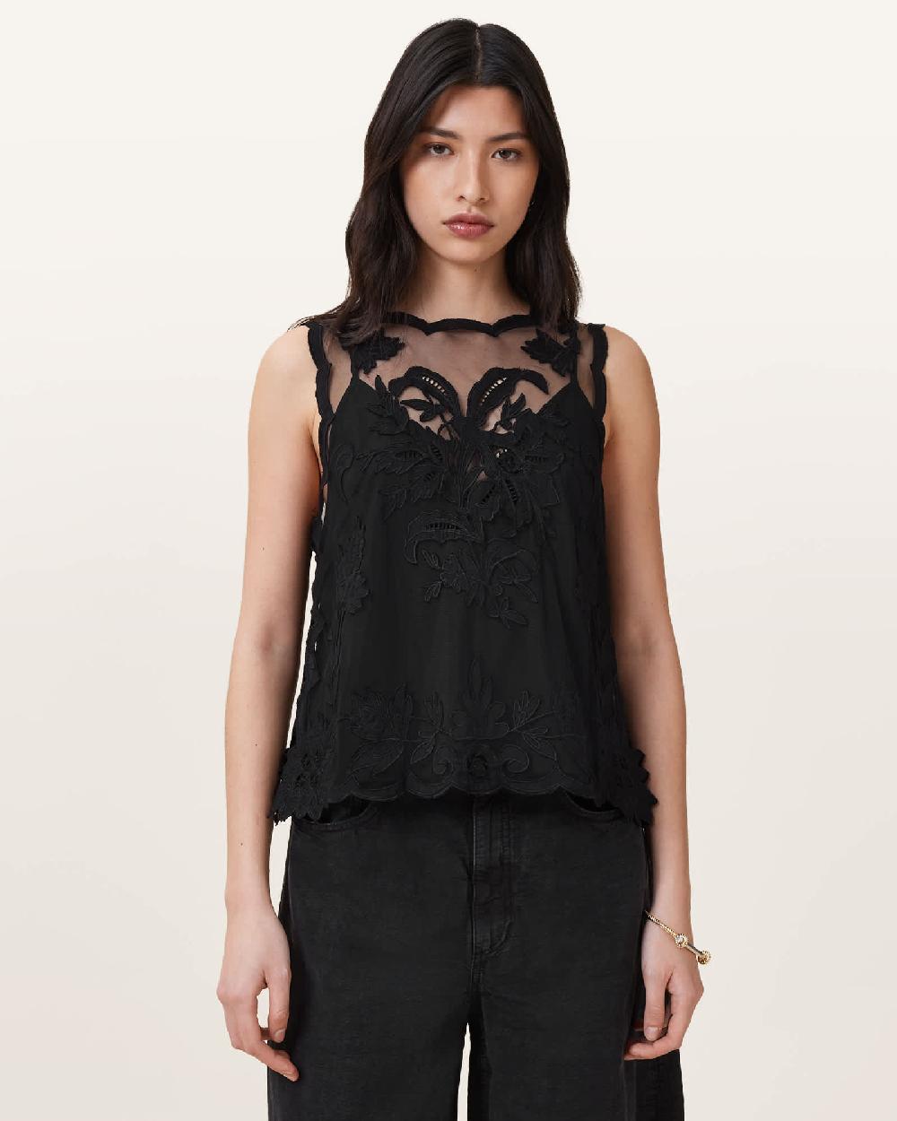 All Saints Rye Embroidered Sleeveless Top Black