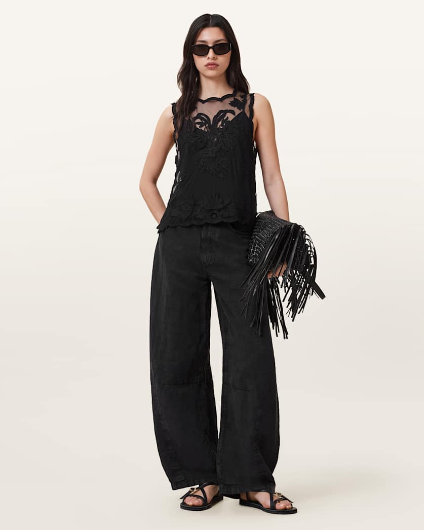 all saints Rye Embroidered Sleeveless Top Black