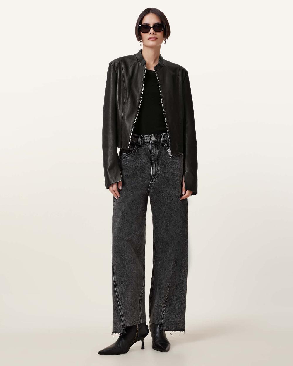 All Saints Sadler Slim Fit Leather Jacket Black