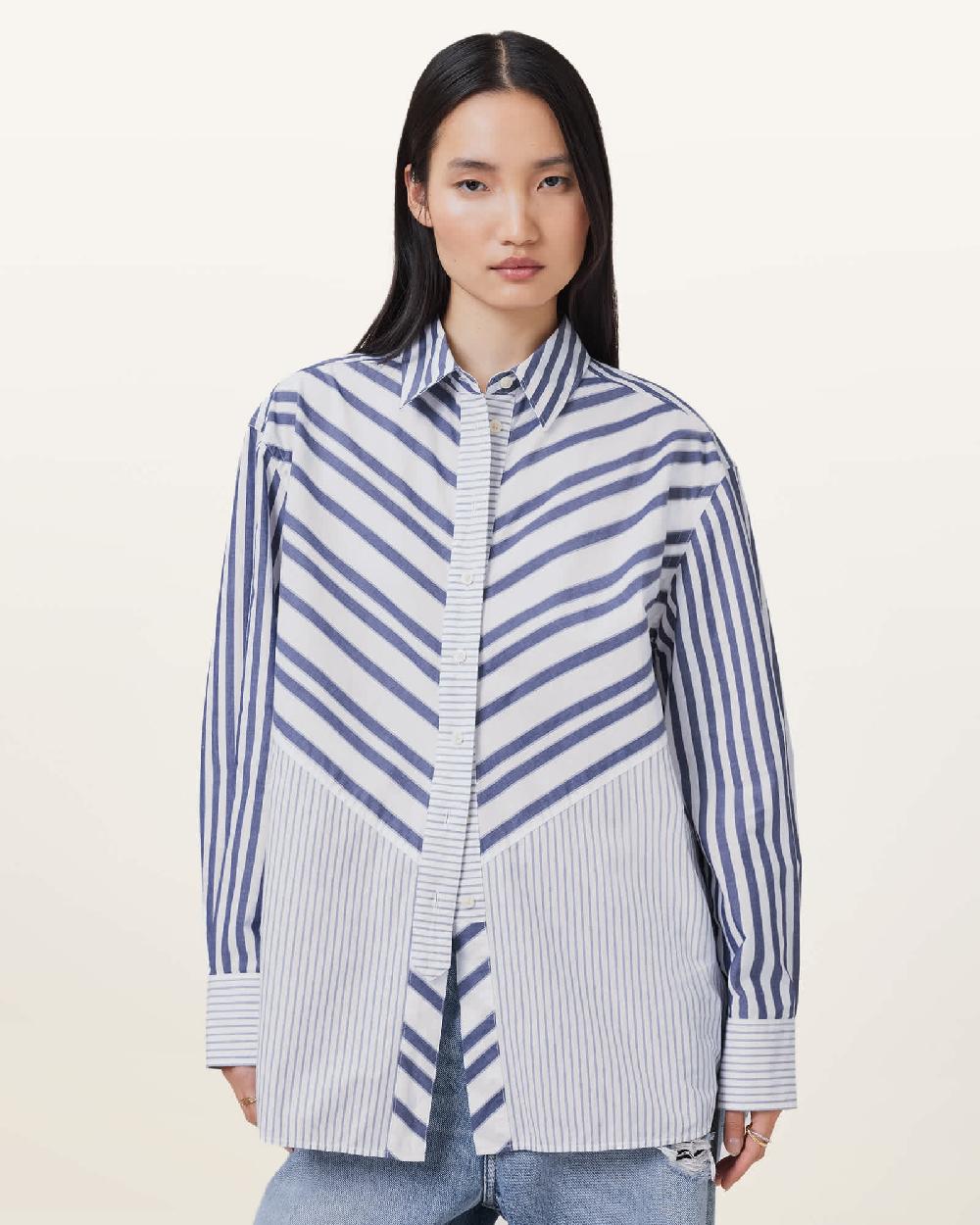 All Saints Shannon Striped Cotton Shirt White/Blue