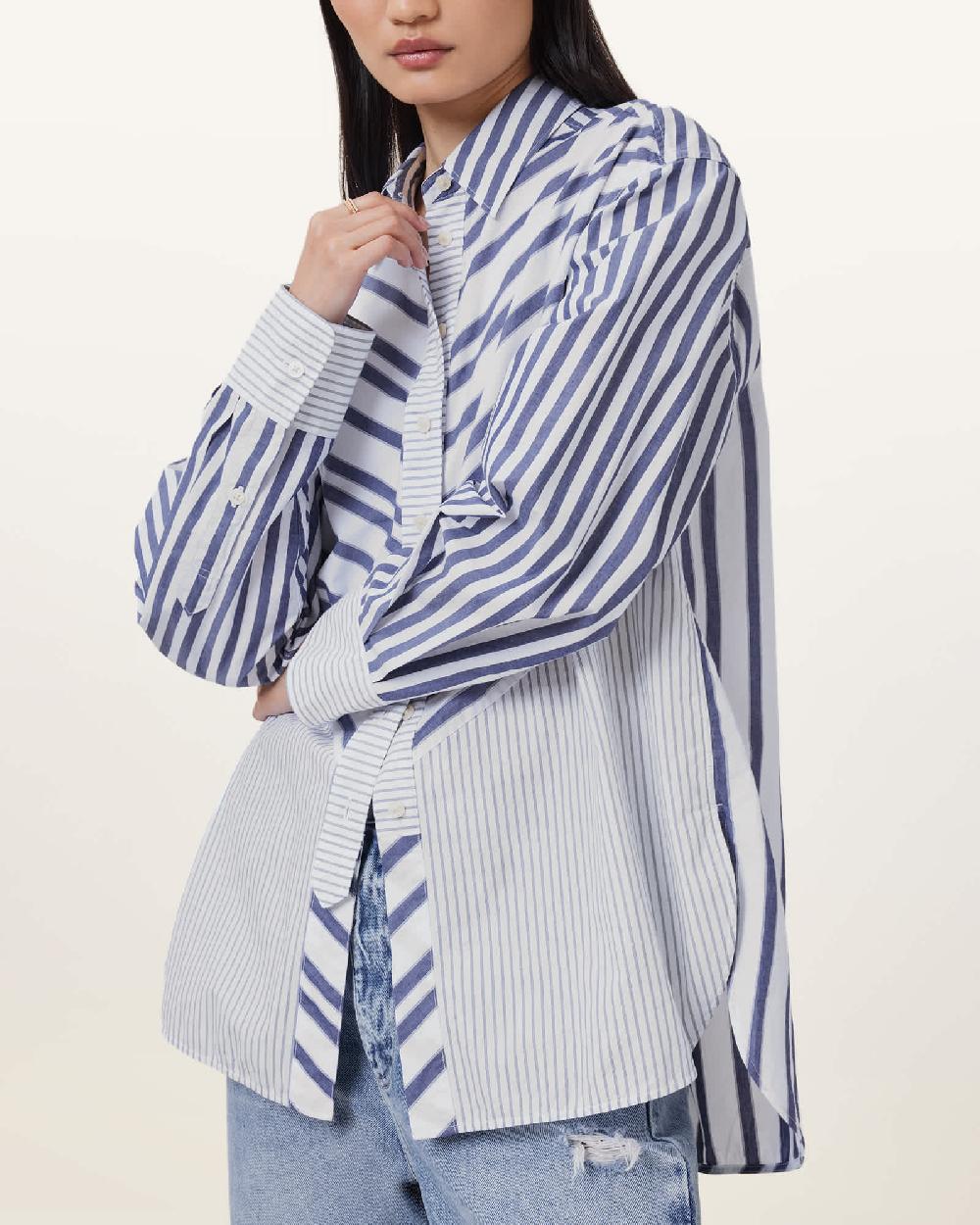 All Saints Shannon Striped Cotton Shirt White/Blue