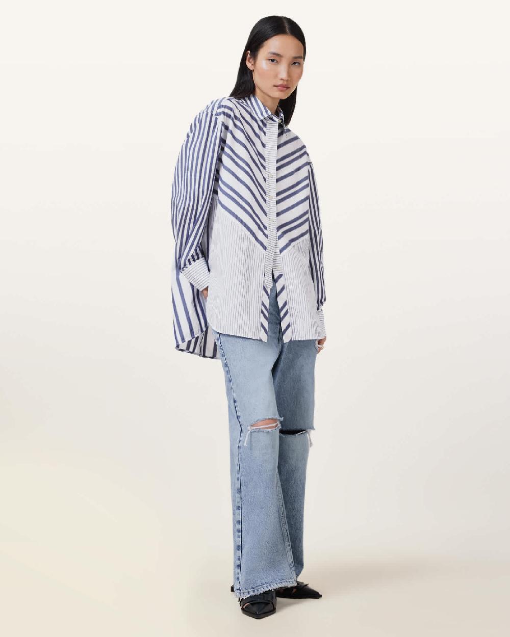 All Saints Shannon Striped Cotton Shirt White/Blue
