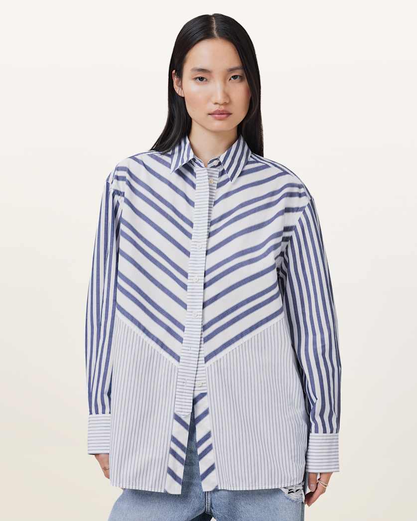all saints Shannon Striped Cotton Shirt White/Blue