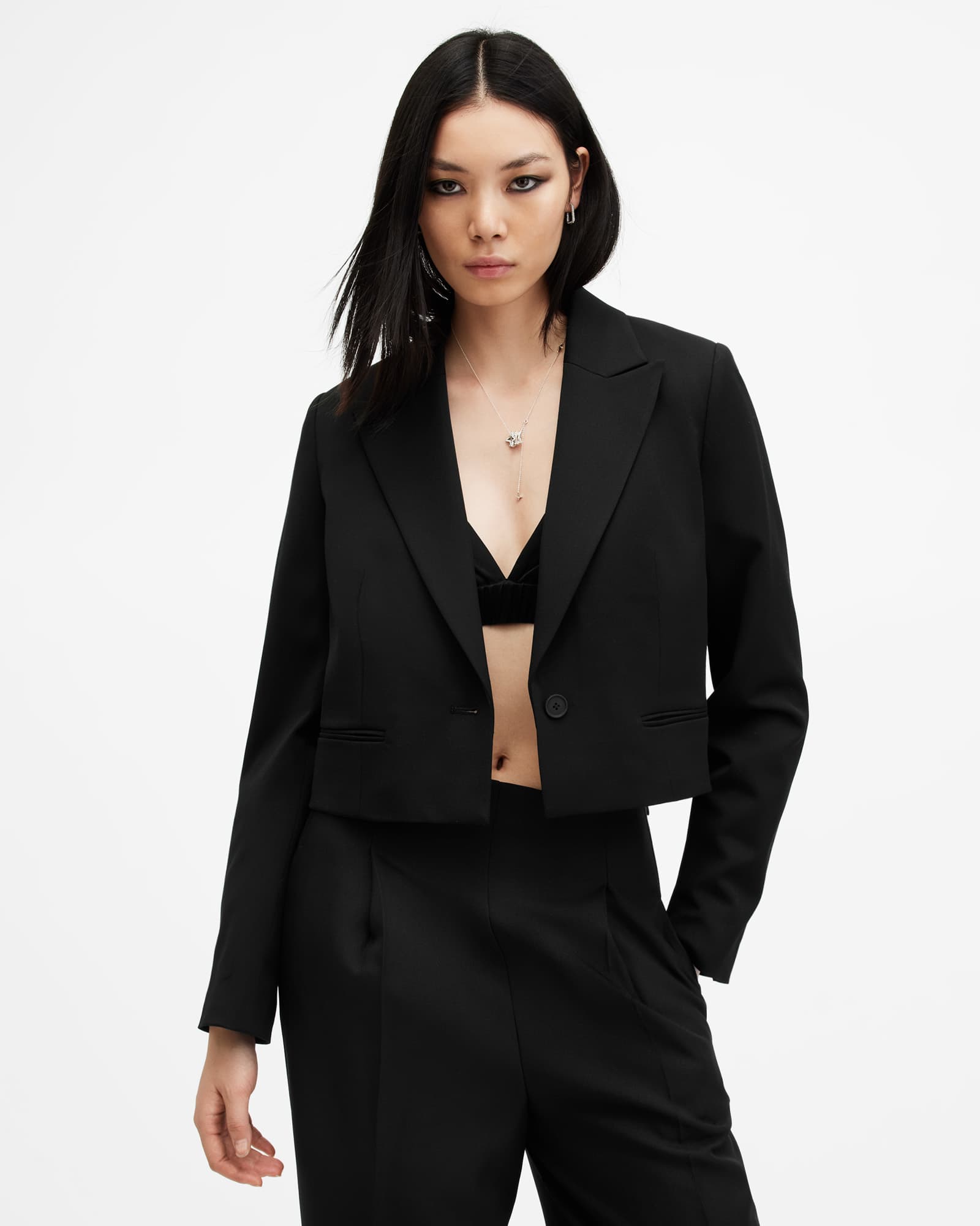 All Saints Shores Cropped Relaxed Fit Blazer Black