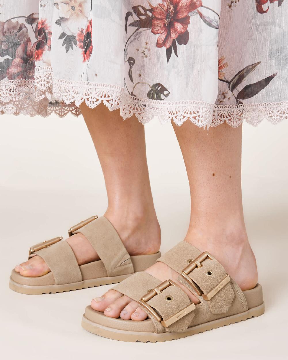 All Saints Sian Leather Buckle Sandals Sand Brown