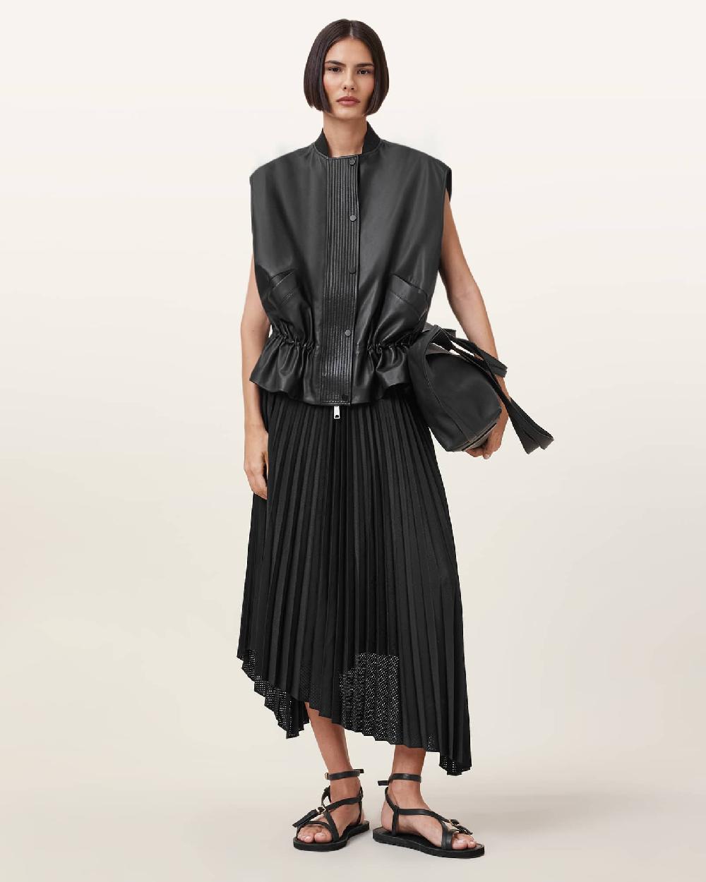 All Saints Sofi Relaxed Fit Leather Gilet Black