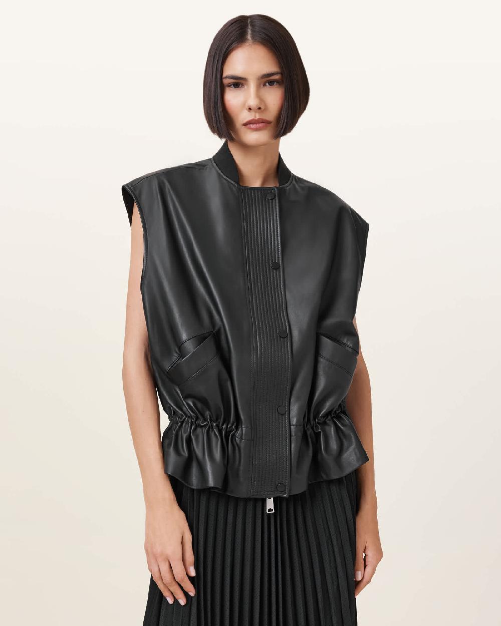 All Saints Sofi Relaxed Fit Leather Gilet Black