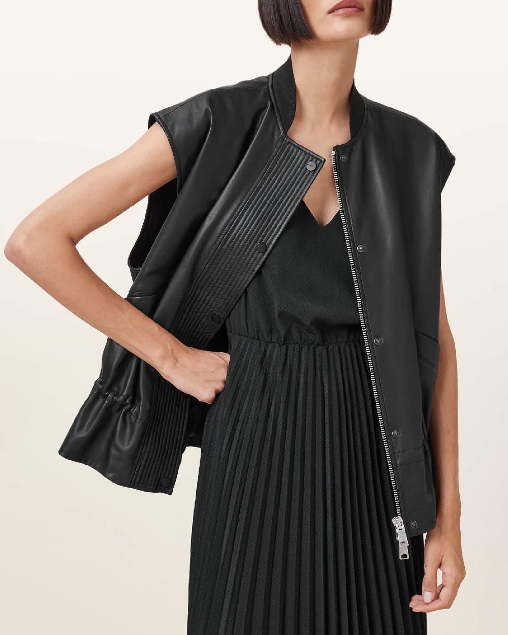 All Saints Sofi Relaxed Fit Leather Gilet Black