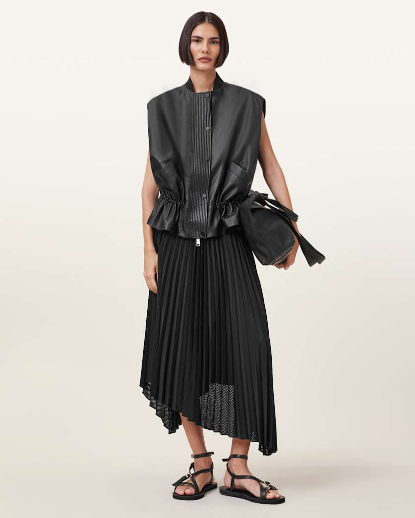 all saints Sofi Relaxed Fit Leather Gilet Black