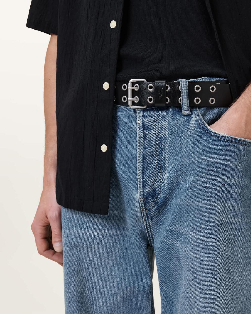 All Saints Sturge Leather Eyelet Belt Black