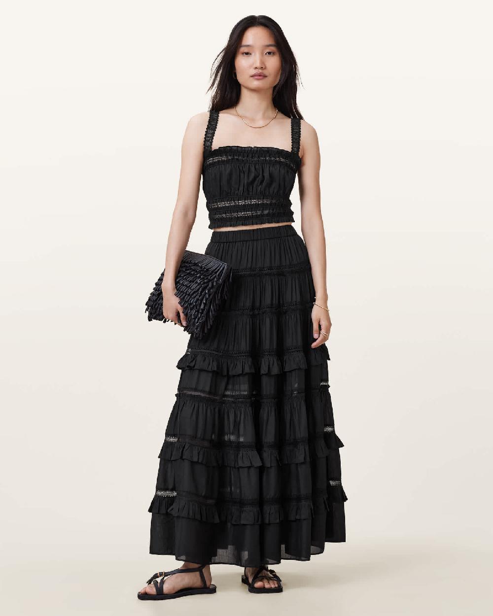 All Saints Talia Tiered Maxi Skirt Black