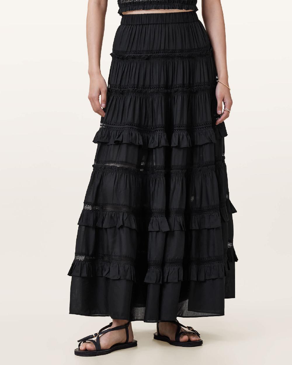 All Saints Talia Tiered Maxi Skirt Black