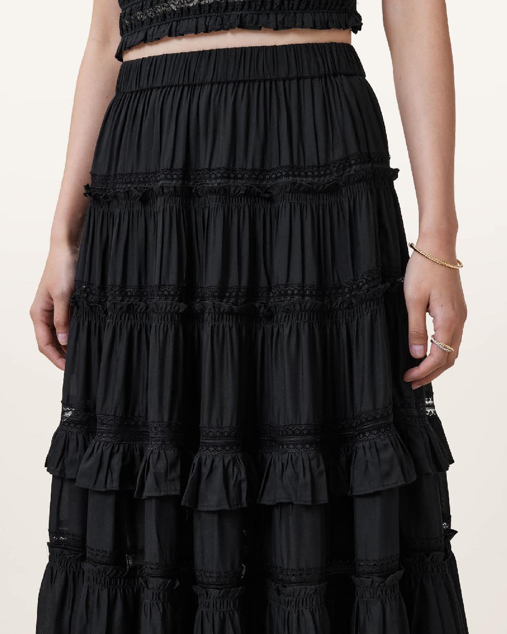 All Saints Talia Tiered Maxi Skirt Black