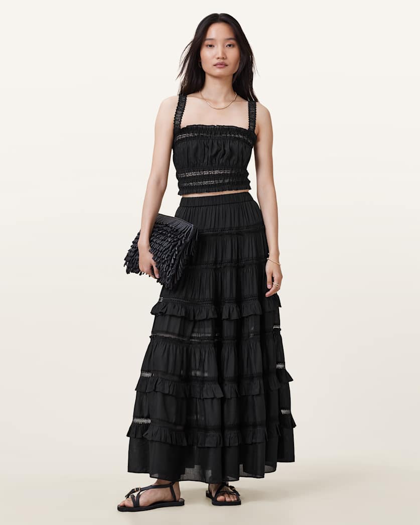 all saints Talia Tiered Maxi Skirt Black