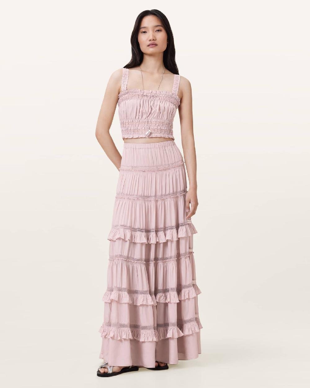 All Saints Talia Tiered Maxi Skirt Mauve Pink