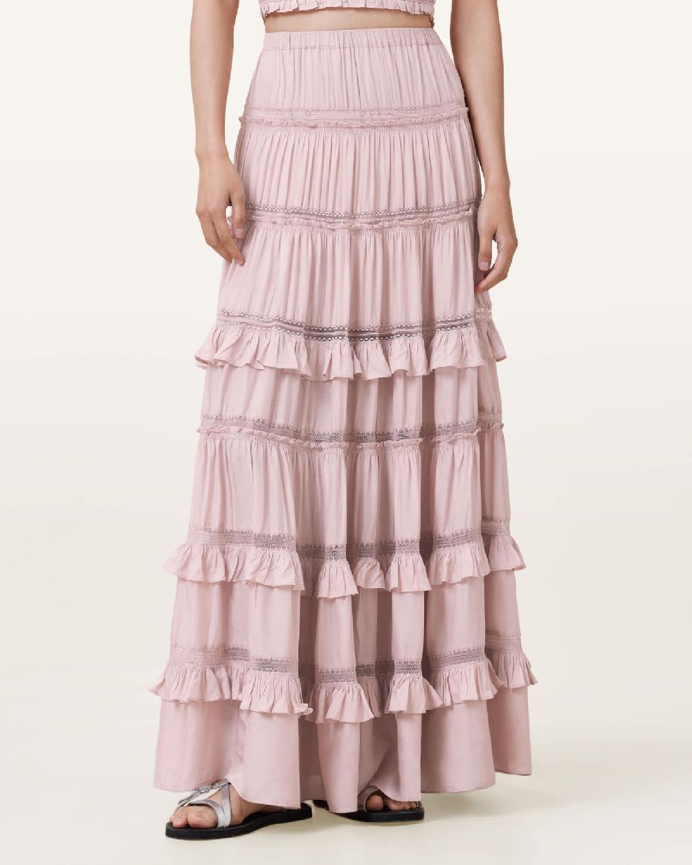All Saints Talia Tiered Maxi Skirt Mauve Pink