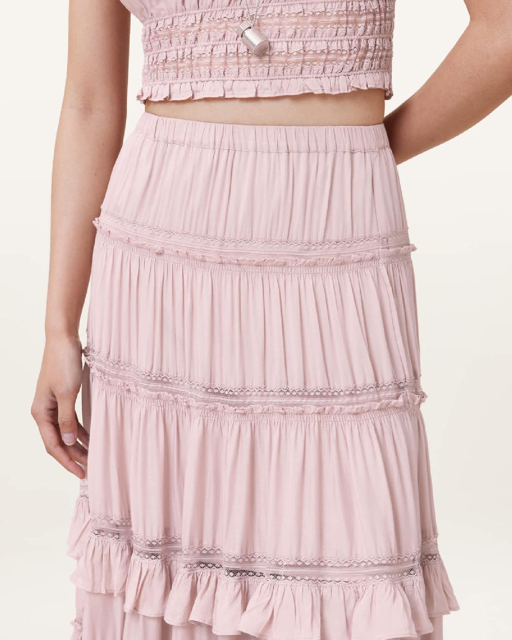 All Saints Talia Tiered Maxi Skirt Mauve Pink