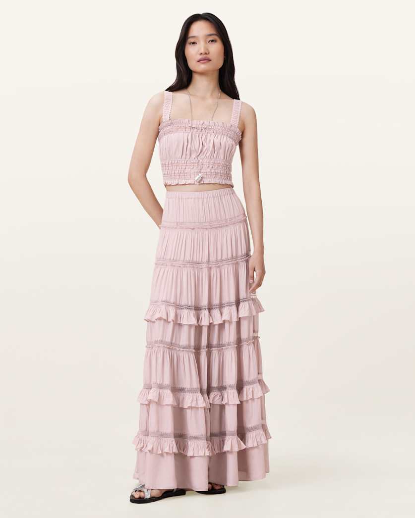 all saints Talia Tiered Maxi Skirt Mauve Pink