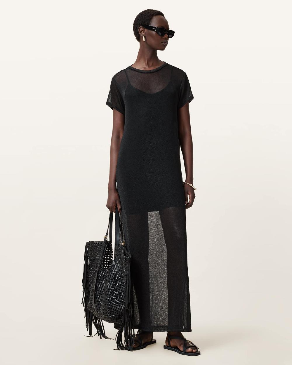 All Saints Thea Sparkle Sheer Maxi Dress Black