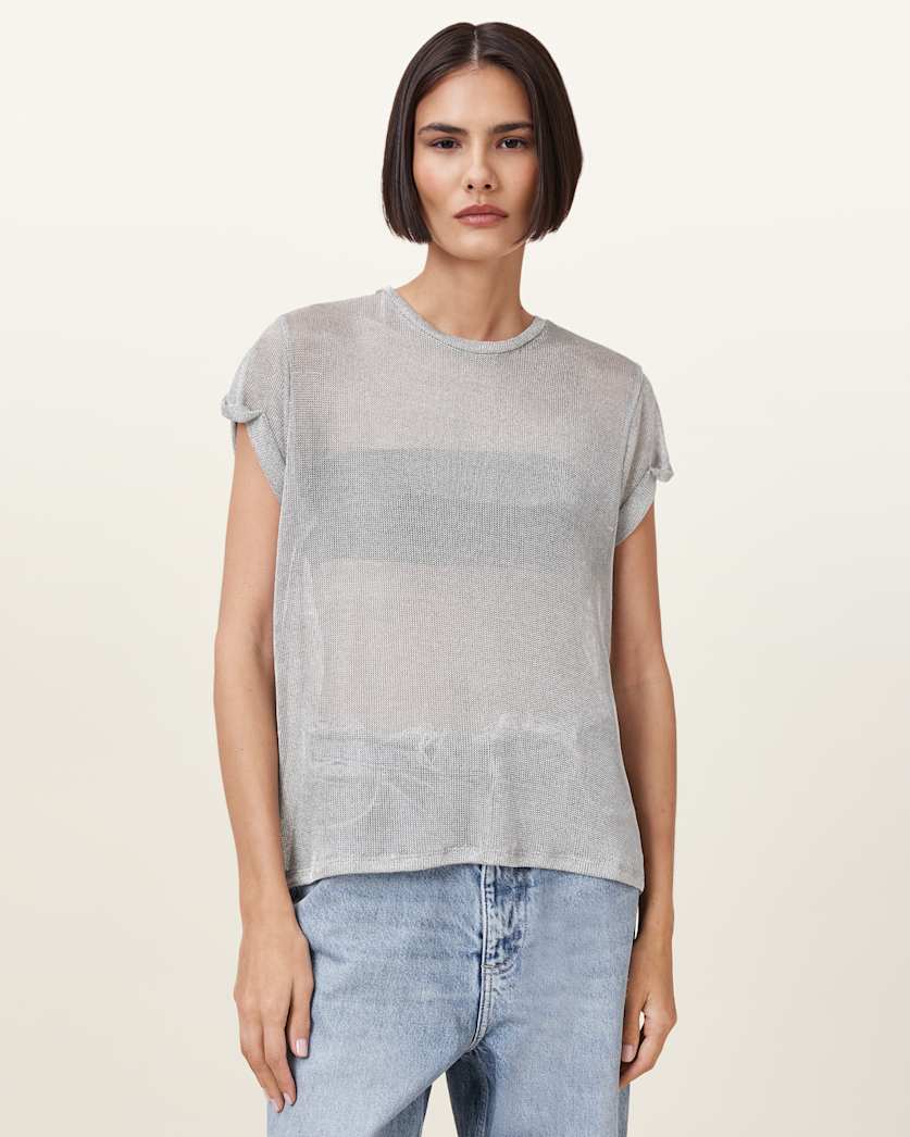 all saints Thea Sparkle Top Metallic Silver