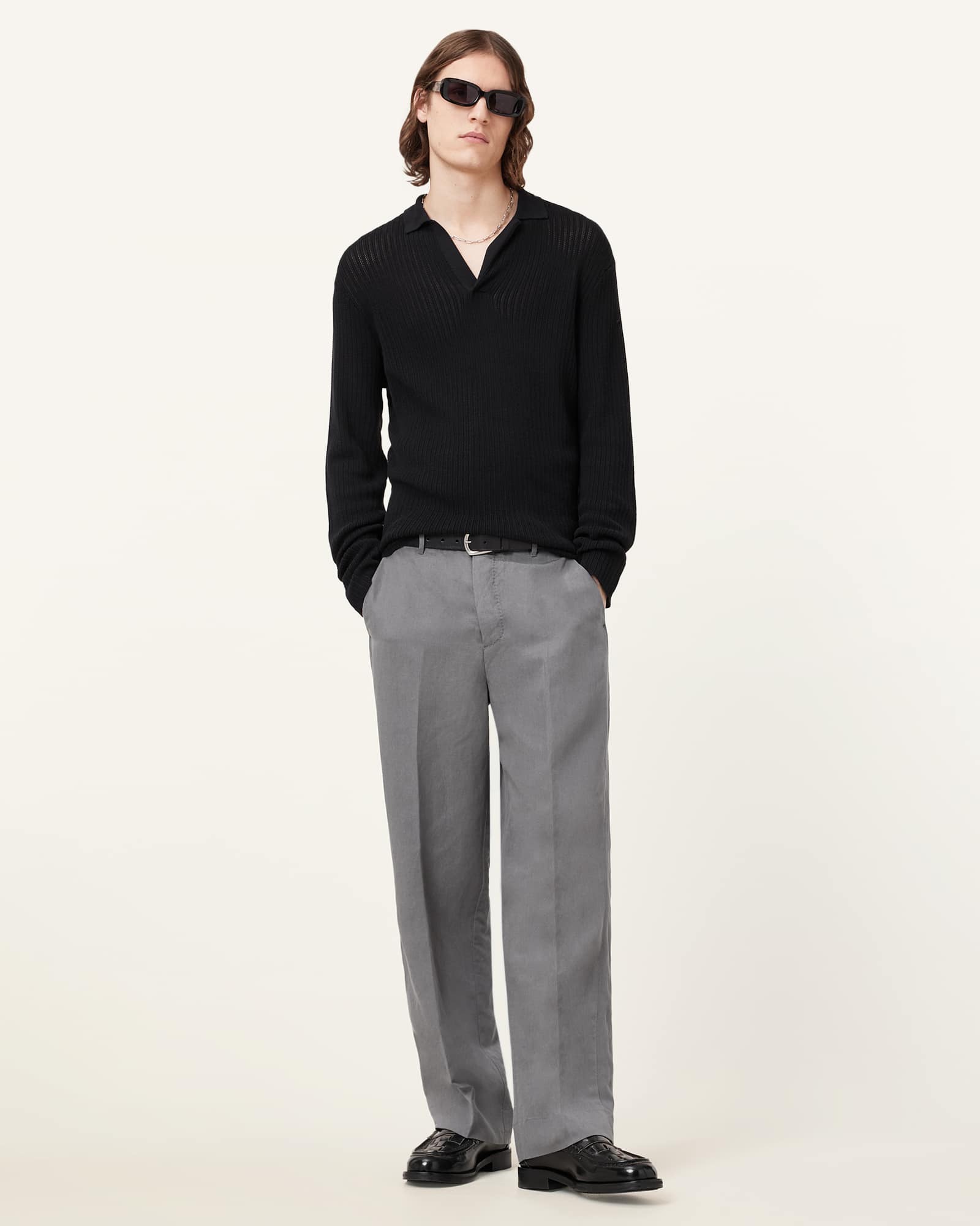 All Saints Thoma Long Sleeve Polo Shirt Black