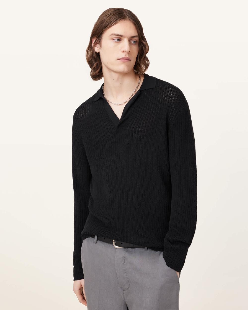 All Saints Thoma Long Sleeve Polo Shirt Black