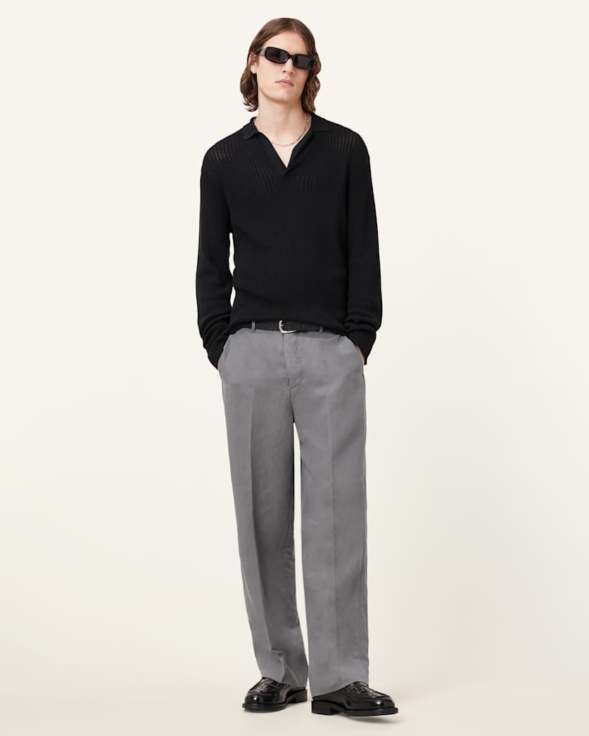 all saints Thoma Long Sleeve Polo Shirt Black